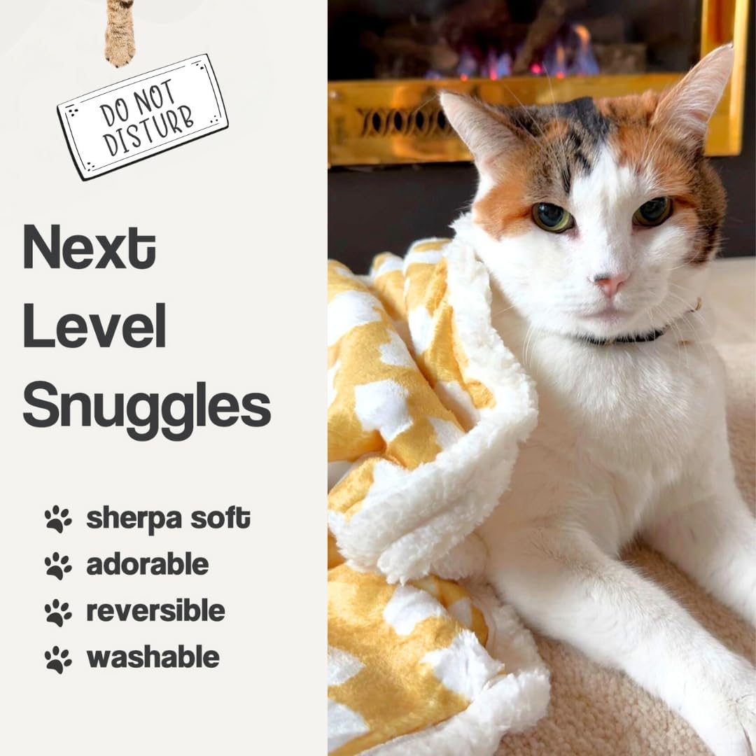 Cat Blanket for Indoor Cats – 29" Soft Sherpa Fleece Pet Throw, Washable Reversible Dog Blanket for Small Dogs, Cats, Kittens, Couch Bed Sofa Car Protector – Yellow