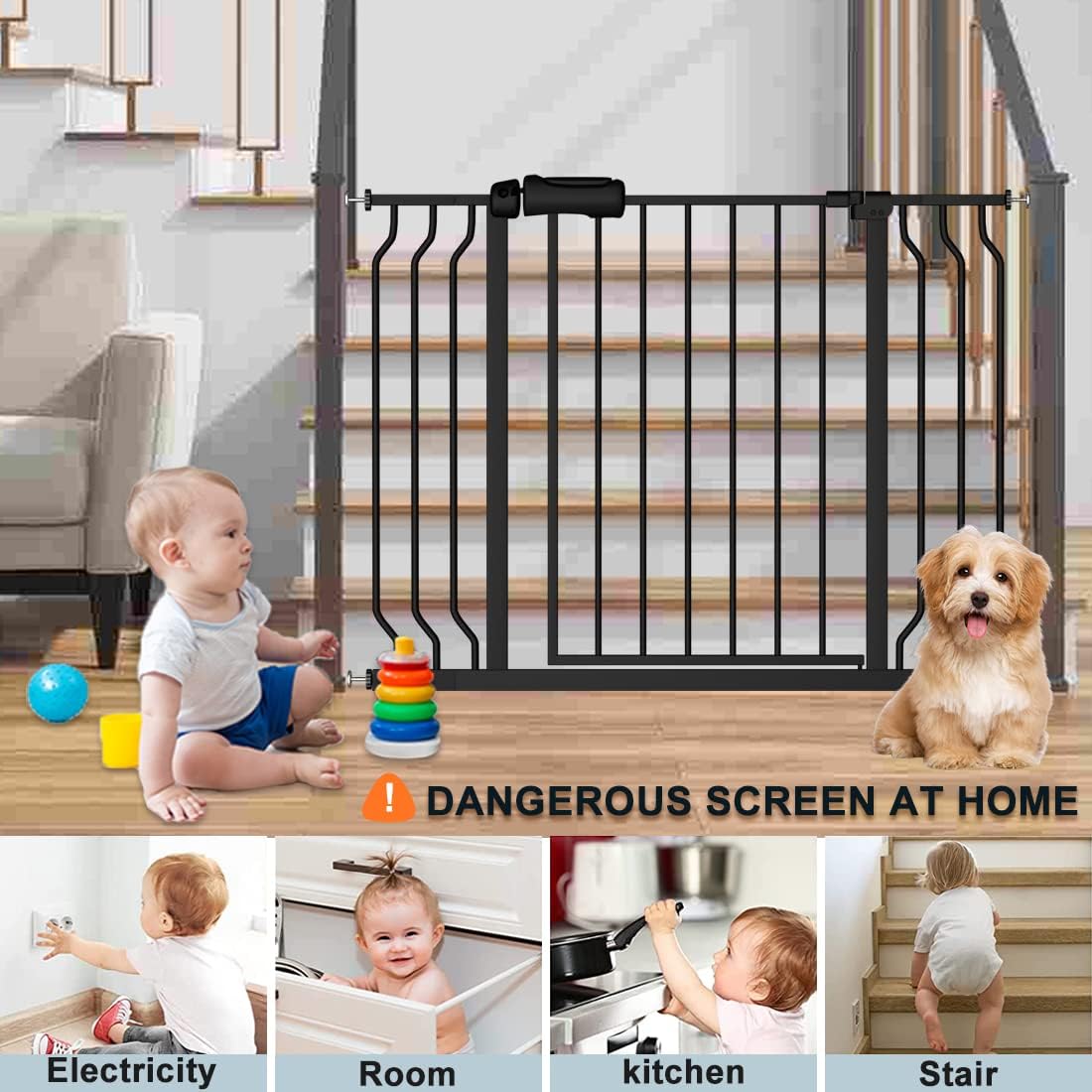 Extra Wide Baby Gate 57.5-62 Inch Black Walk THR Dog Gates Doorways House No Drill Pressure Mounted Auto Close Long Child Safety Gate for Kids and Pet