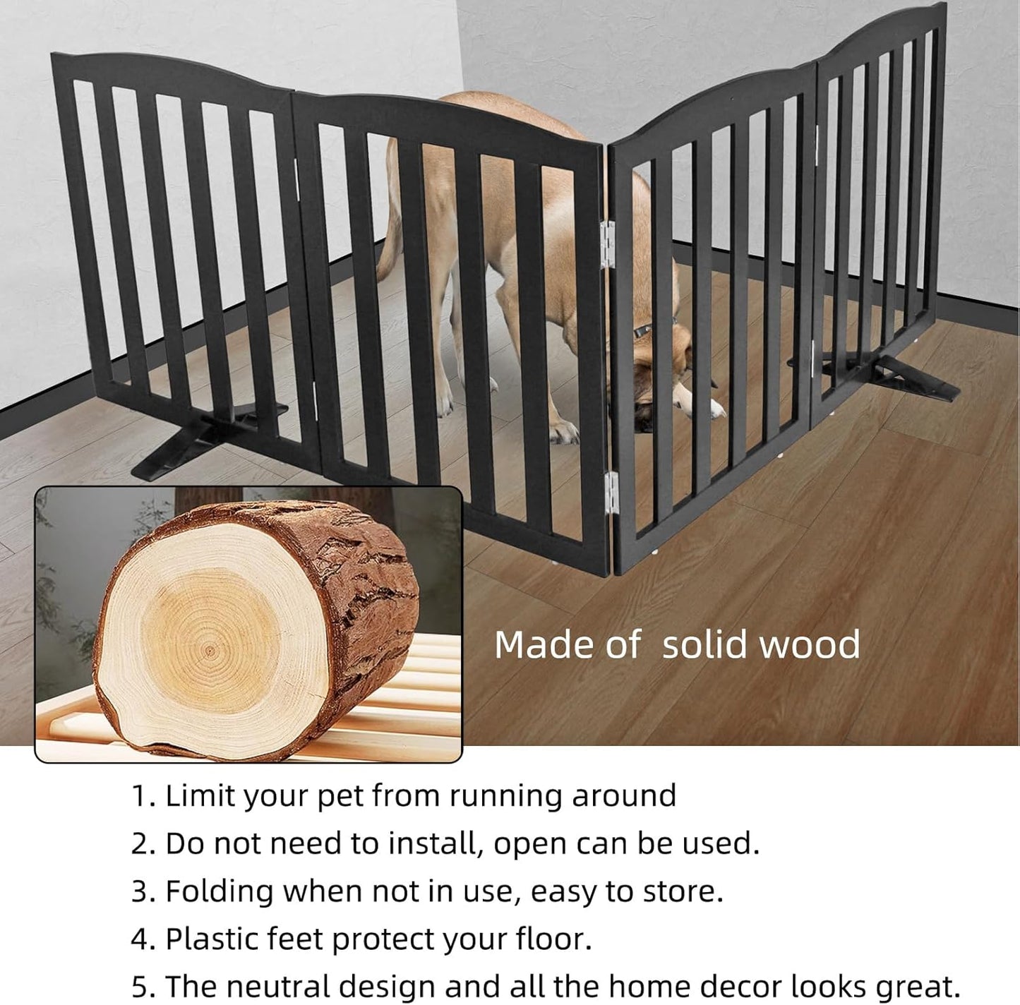 ZJSF Foldable Freestanding Indoor Dog Gate for House Wood Long Pet Gates Dog Fence for Stairs Puppy Gates for Hallways, Puppy Gate,Support Feet Included, Black, 24 "Height-3 Panels