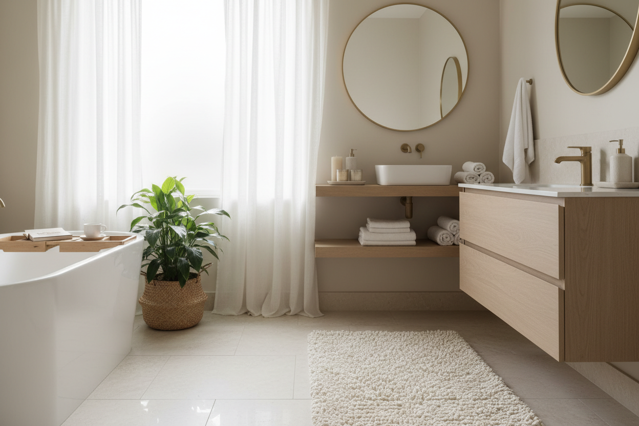 Calm Bathroom Styling: Bathroom Accessories, Bathroom Rugs, and Window Treatments
