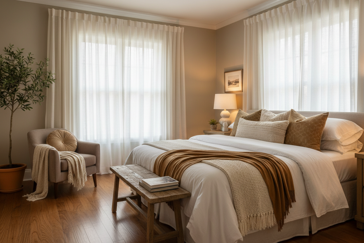 Cozy Guest Room Styling with Bedroom Window Treatments, Decorative Bedroom Pillows, and Blankets & Throws