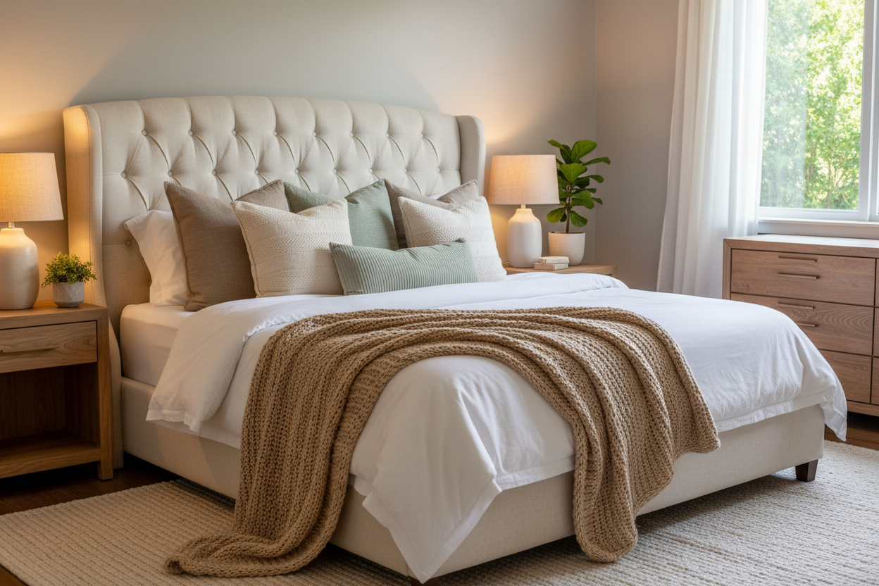 Layered Bedroom Comfort: Beds & Furniture, Decorative Bedroom Pillows, and Blankets & Throws
