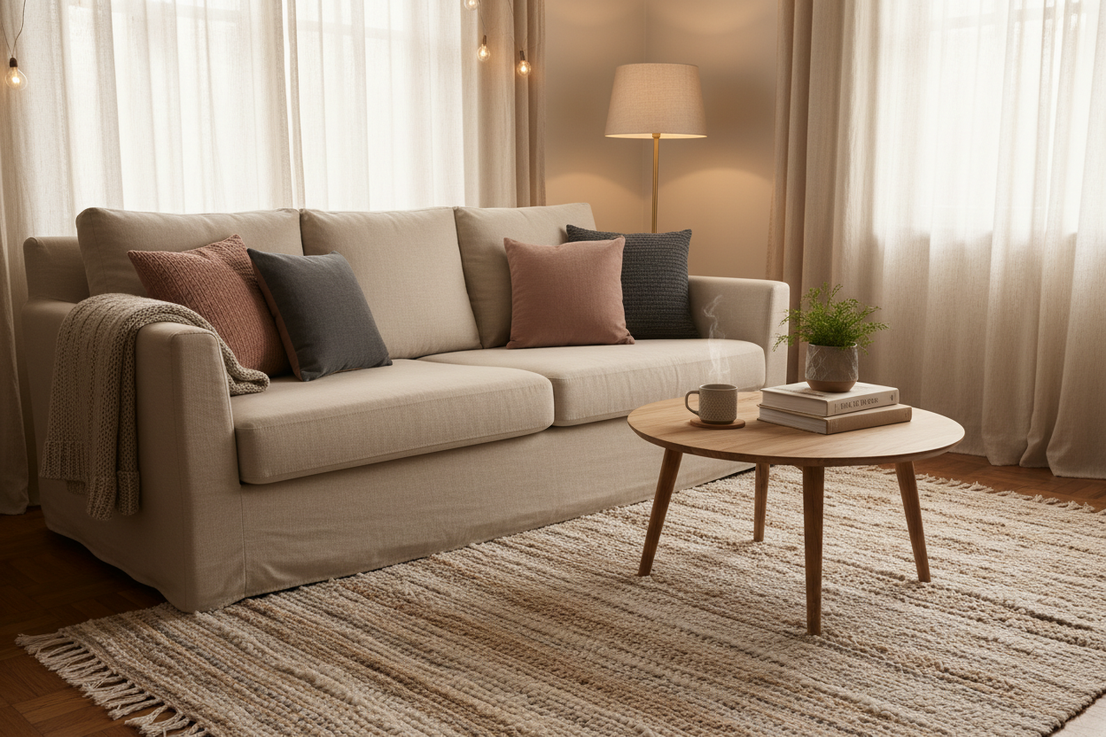 Small Apartment Comfort with Cozy Rugs, Window Treatments, and Home Slipcovers