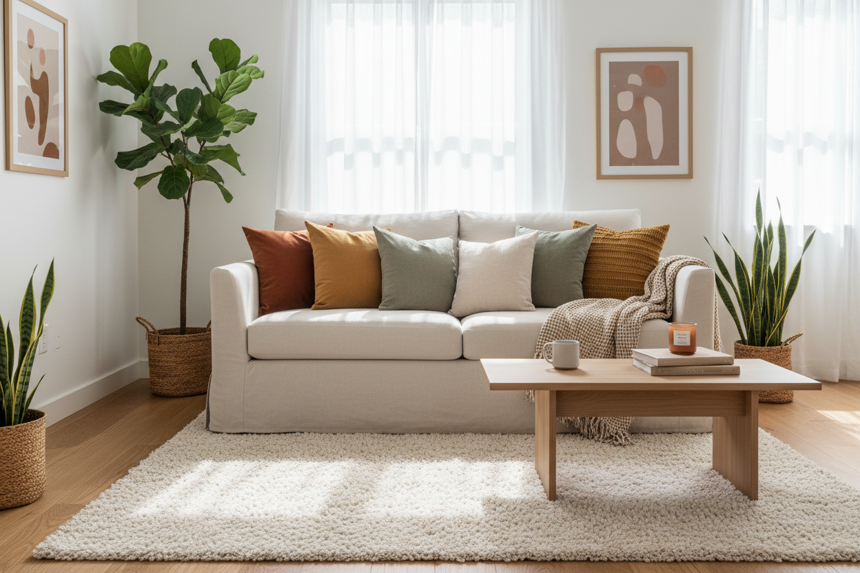 Small Space Harmony: Home Slipcovers, Decorative Bedroom Pillows, and Cozy Rugs