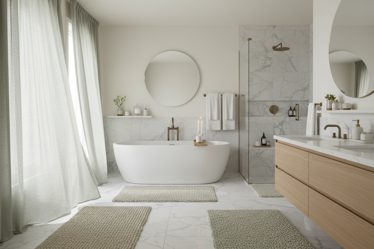 Spa-Inspired Bathrooms with Bathroom Accessories, Bathroom Rugs, and Window Treatments