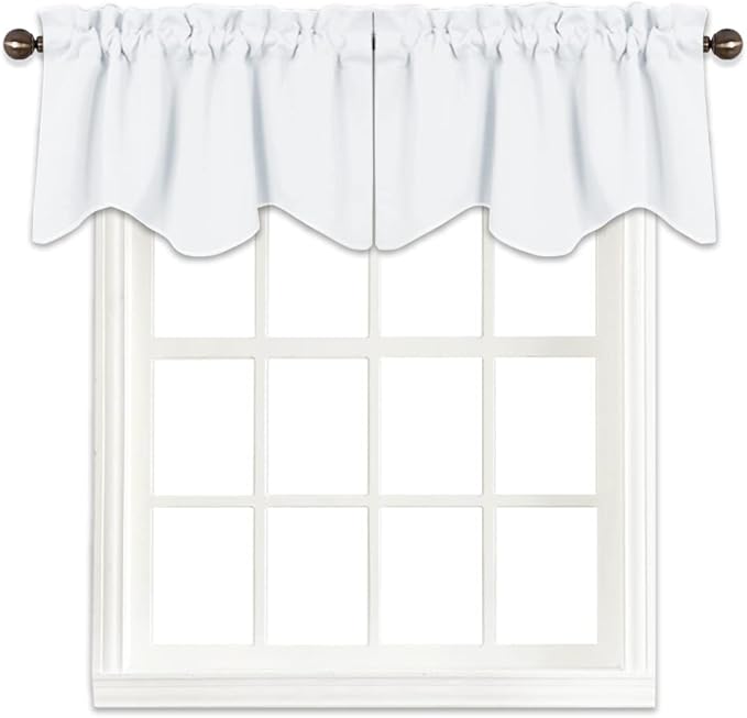 NICETOWN Window Valance for Bedroom, Energy Saving Home Fashion Rod Pocket Scalloped Valance Short Small Window Tiers for Laundry/loft/Department, W 52 x L 18, 2 Pieces, Pure White