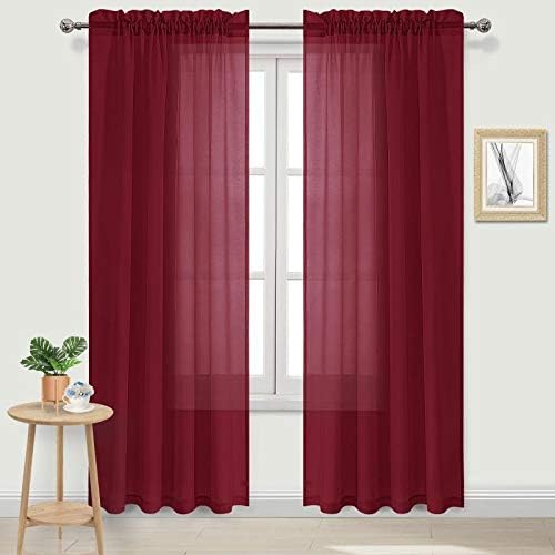 DWCN Christmas Burgundy Sheer Curtains Semi Transparent Voile Rod Pocket Curtains for Bedroom and Living Room, 52 x 95 inches Long, Set of 2 Panels