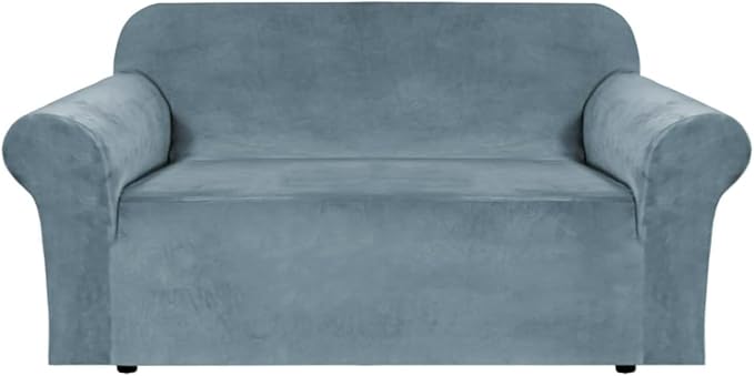 H.VERSAILTEX Stretch Velvet Loveseat Covers for 2 Cushion Couch Covers for Living Room Sofa Covers Slipcovers with Non Slip Straps Bottom, Ultra Thick Comfy Velour (Width 58"-72", Stone Blue)