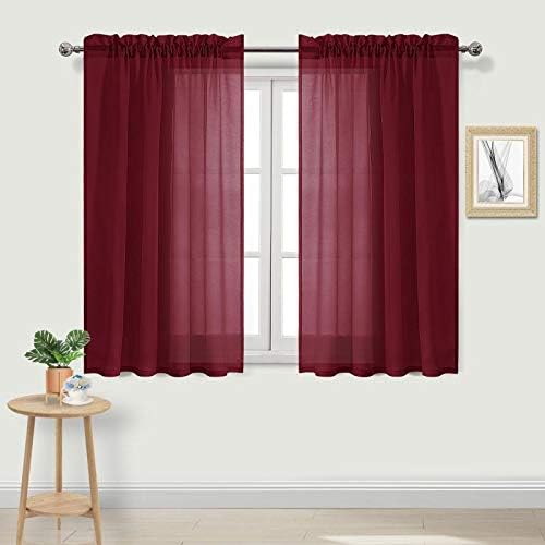 DWCN Christmas Burgundy Sheer Curtains Semi Transparent Voile Rod Pocket Curtains for Bedroom and Living Room, 52 x 54 inches Long, Set of 2 Panels