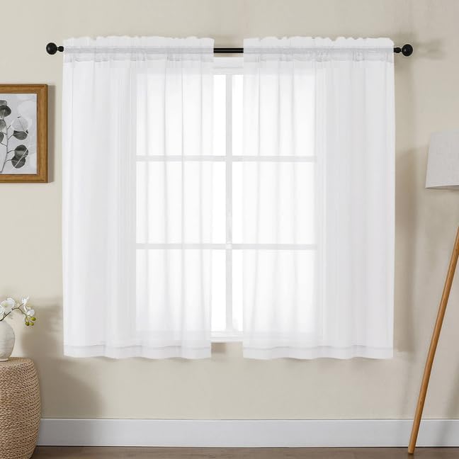 Gwine White Sheer Curtains 48 Inches Long 2 Panels Set, Light Filtering Sheer Curtains for Living Room Bedroom, Modern Voile Soft Airy Rod Pocket Drapes, 42Wx48L Inch, 2PCS
