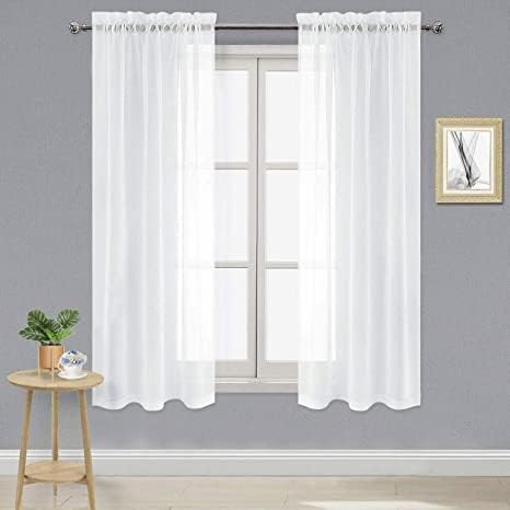 DWCN White Sheer Curtains 63 inch Length 2 Panels Set, Elegant Solid Color Kitchen Curtain for Small Window, Voile Top Dual Rod Pocket Curtains & Drapes for Living Room/Bedroom, 2pcs, Each W36 x L63
