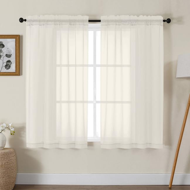 Gwine Ivory Sheer Curtains 48 Inches Long 2 Panels Set, Light Filtering Sheer Curtains for Living Room Bedroom, Modern Voile Soft Airy Rod Pocket Drapes, 42Wx48L Inch, 2PCS