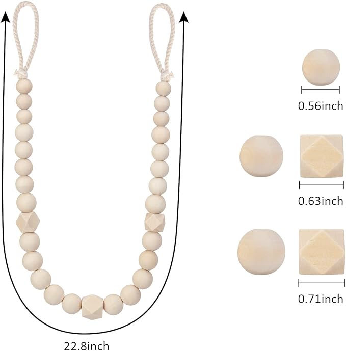 Wood Bead Curtain Tiebacks, KLOGTSIND Set of 6 Curtain Holdbacks for Thin or Thick Window Draperies, Boho Farmhouse Curtain Tiebacks with Hooks, Curtain Tie Backs for Home Office Room Decor
