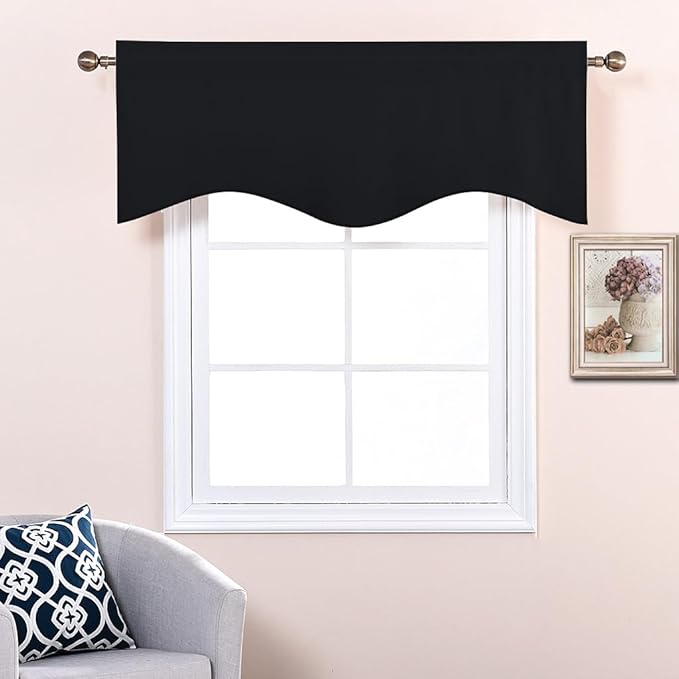 NICETOWN Black Valances for Windows - Energy Efficient Small Short Tiers Scalloped Valance Blackout Curtain Drapes for Dining Room/Living Room/Bathroom/Cafe Window, Set of 2, W52 x L18