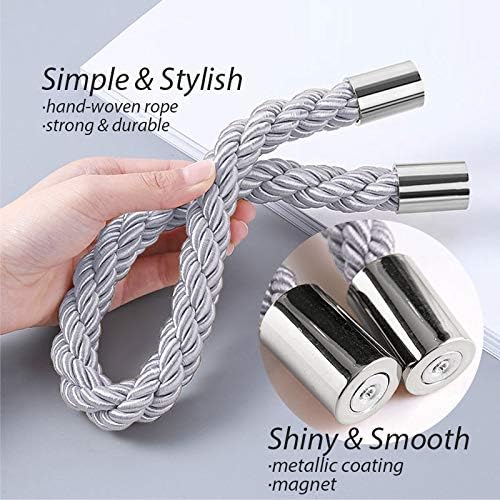 NICEEC 2 Pack Strong Magnetic Curtain Tiebacks Modern Simple Style Drape Tie Backs Convenient Decorative Weave Rope Curtain Holdbacks for Thin or Thick Home & Office Window Draperies (Light Grey)