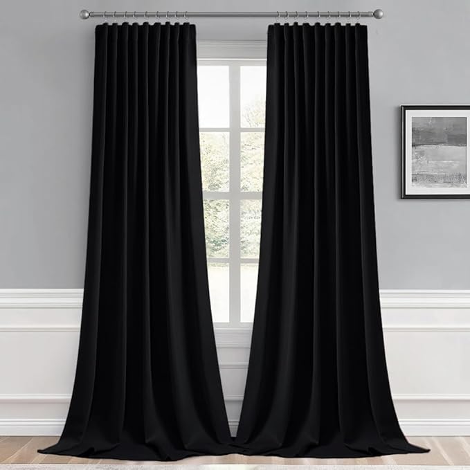 MIULEE Back Tab Blackout Curtains 105 Inch Long 2 Panels Set for Living Room Bedroom, Halloween Black Rod Pocket/Pinch Pleated Thermal Insulated Room Darkening Light Blocking Floor to Ceiling Drapes