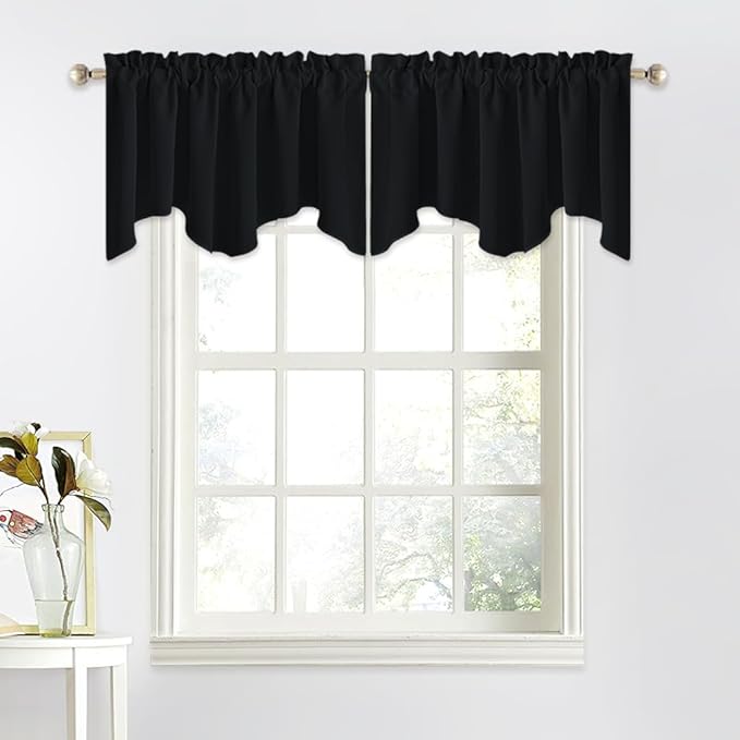 NICETOWN Black Valances for Windows - Energy Efficient Small Short Tiers Scalloped Valance Blackout Curtain Drapes for Dining Room/Living Room/Bathroom/Cafe Window, Set of 2, W52 x L18