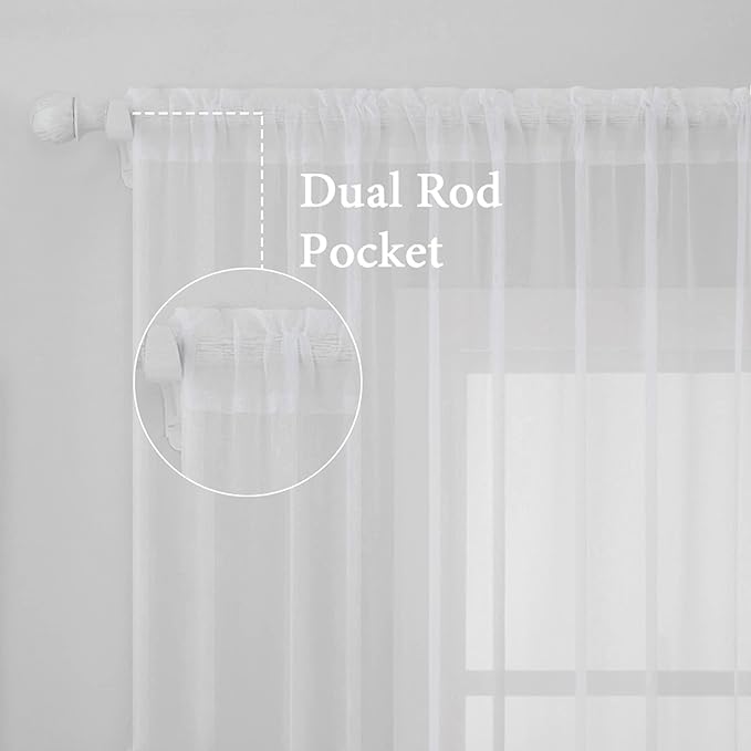 MIULEE Short White Sheer Curtains 45 Inches Long, Light Filtering Voile Drapes with Rod Pocket for Bathroom Windows, Small Window Treatments, 2 Panels Set