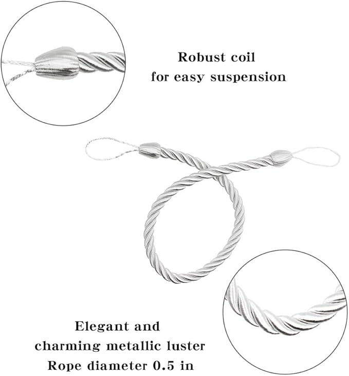 BEL AVENIR Curtain Rope Tiebacks, Drapery Rope Holdbacks with 4 Metal Screw Hooks (White-4 Pack)