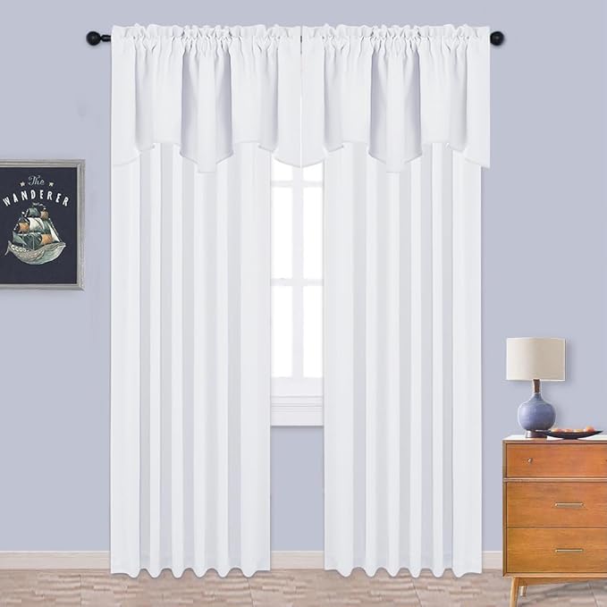 NICETOWN Window Valance Blackout Curtains - W42 x L18 inches Long Scalloped Pole Pocket Valances for Bathroom/Dorm/Cafe Shop/Kitchen/Showcase/Home Decor, Double Panels, Pure White