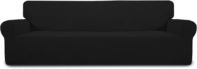Easy-Going Stretch 4 Seater Sofa Slipcover 1-Piece Sofa Cover Furniture Protector Couch Soft with Elastic Bottom for Kids, Polyester Spandex Jacquard Fabric Small Checks Black