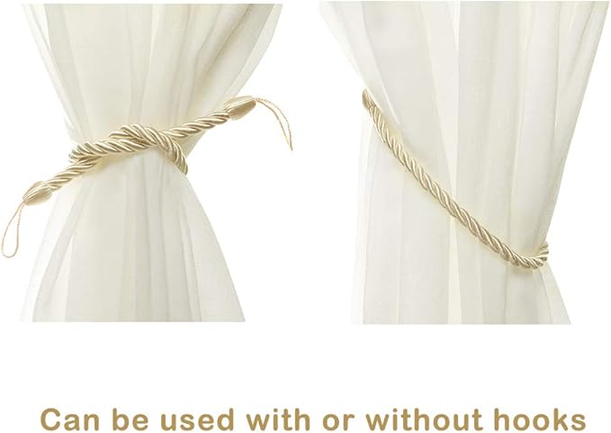 BEL AVENIR Curtain Rope Tiebacks, Drapery Rope Holdbacks with 4 Metal Screw Hooks (Beige, 4pack)