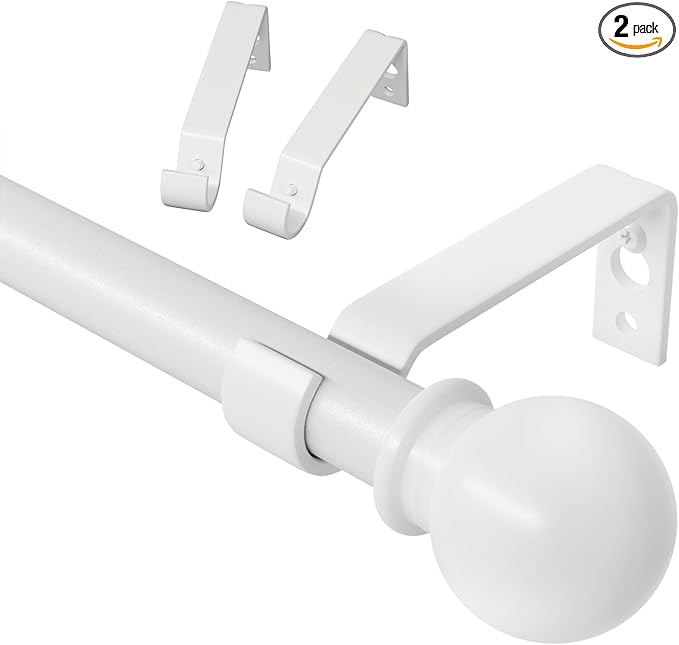 White Curtain Rods for Windows 28 to 48 inch, Adjustable Curtain Rod Set with Brackets Easy Install, Decorative 5/8" Drapery Rod, Heavy Duty Curtain Rods for Bedroom, Kitchen, Living Room