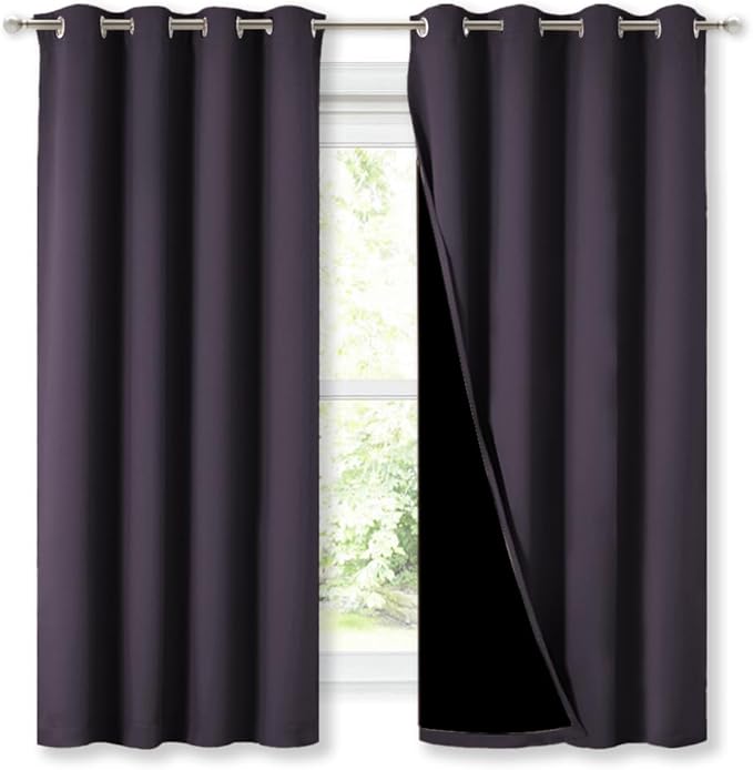 NICETOWN Extra Long Truly Blackout Drapes for Hall and Villa, 46" Width Each Panel, 45" Length, Greyish Purple, 2 Pieces, 100% Blackout Window Curtain Panels with Black Lined for Night Shift Worker