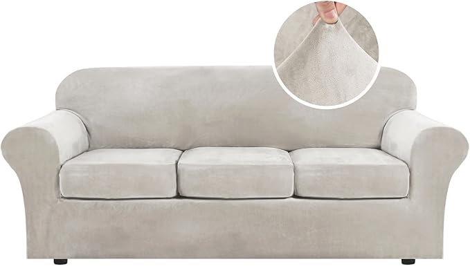 H.VERSAILTEX Modern Velvet Plush 4 Piece High Stretch Sofa Slipcover Sofa Cover Furniture Protector Form Fit Luxury Thick Velvet Sofa Cover for 3 Cushion Couch Width Up to 90 Inch (Sofa, Oatmeal)