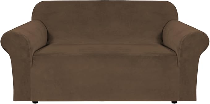 H.VERSAILTEX Stretch Velvet Loveseat Covers for 2 Cushion Couch Covers for Living Room Sofa Covers Slipcovers with Non Slip Straps Bottom, Ultra Thick Comfy Velour (Width 58"-72", Bronze Brown)