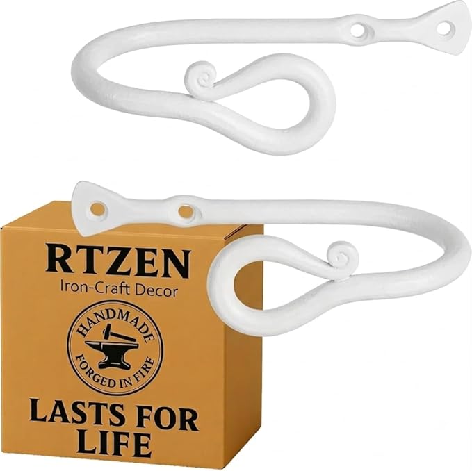 RTZEN Decorative Metal Curtain Tiebacks - Farmhouse Wrought Iron Curtain Holdbacks - Drapery Holders for Wall - Unique Metal Tie Backs for Curtains - 2 Pcs (White Loophole)