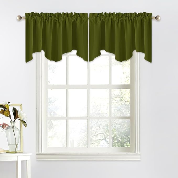 NICETOWN Window Valances for Kitchen - Small Short Decoration Solid 52 inches by 18 inches Rod Pocket Tiers Valances for Kids Bedroom/Bedroom/Living Room/Bar Window/Christmas (Olive Green, Set of 2)
