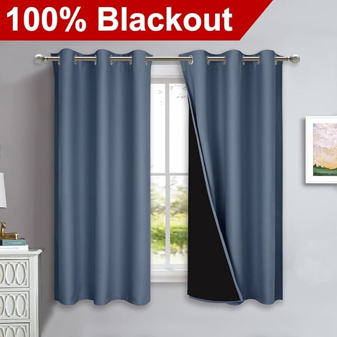 NICETOWN 100% Blackout Window Curtain Panels, Stone Blue, 2 Pieces, 37" Wide Each Panel, Heat and Full Light Blocking Drapes with Black Liner for Nursery, 40" Drop Thermal Insulated Draperies