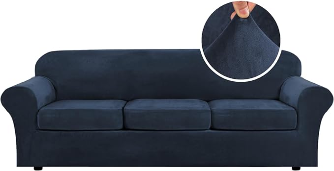 H.VERSAILTEX Velvet 4 Piece High Stretch Sofa Slipcover Sofa Cover Furniture Protector Form Fit Luxury Thick Velvet Extra Large Sofa Cover for 3 Cushion Couch Width Up to 105 Inch (XL Sofa, Navy)