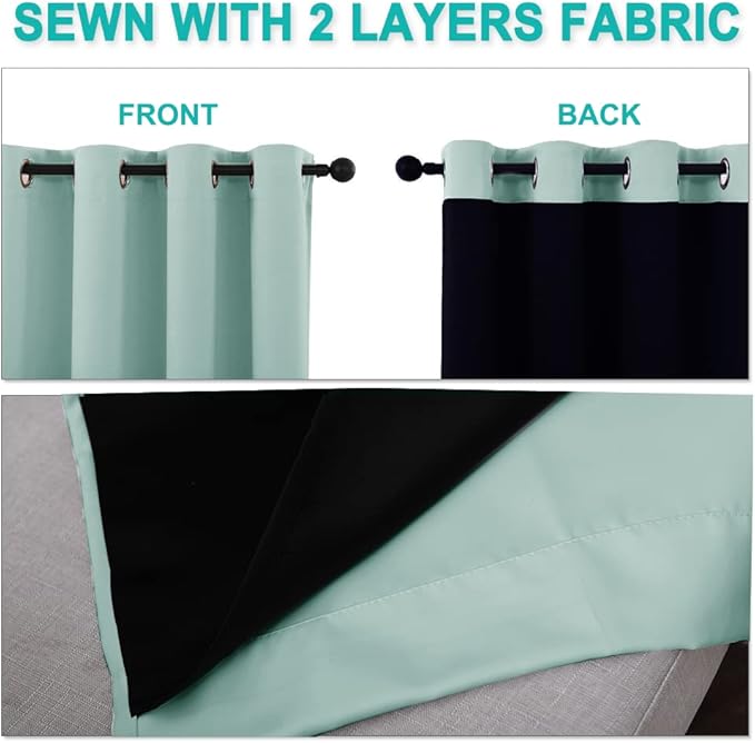 NICETOWN 100% Blackout Curtains 57 inches Long, Double-Deck Completely Blackout Window Treatment Thermal Insulated Lined Drapes for Small Window (Aqua Blue, 1 Pair, 55 inches Width Each Panel)