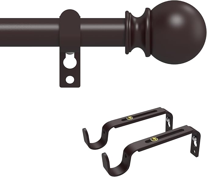 Curtain Rods for Windows 48 to 84 Inch, Max 90 Inch, 5/8 Inch Heavy Duty Decorative Curtain Rod with Ball End Caps, Adjustable Brackets. Easy to install. Brown.