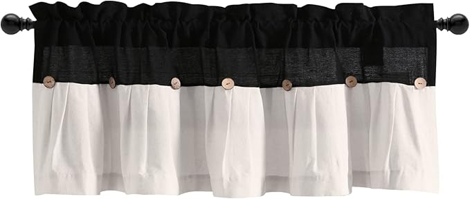 Lush Decor Linen Button Farmhouse Valance Curtians 52"W x 18"L Black & White - Linen Valances For Windows - Kitchen Curtains Valances