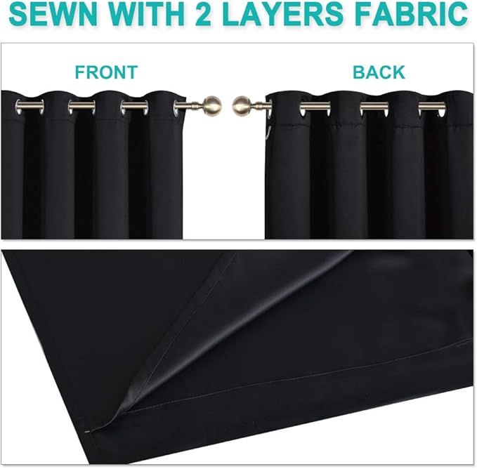 NICETOWN Full Shading Curtains 90 inches Long 2 Panels Set for Windows, Super Heavy-Duty Black Lined Blackout Curtains for Bedroom, Privacy Assured Window Treatment (Black, 52 inches W)