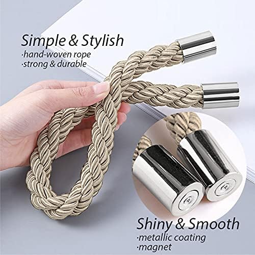 NICEEC 4 Pack Strong Magnetic Curtain Tiebacks Modern Simple Style Drape Tie Backs Convenient Decorative Weave Rope Curtain Holdbacks for Thin or Thick Home & Office Window Draperies (Khaki)