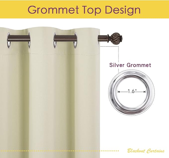 NICETOWN Blackout Curtains & Drapes for Bedroom, Beige, W34 x L48, Set of 2, Triple Weave Grommet Top Thermal Insulated Light Blocking Panels for Bathroom/Living Room