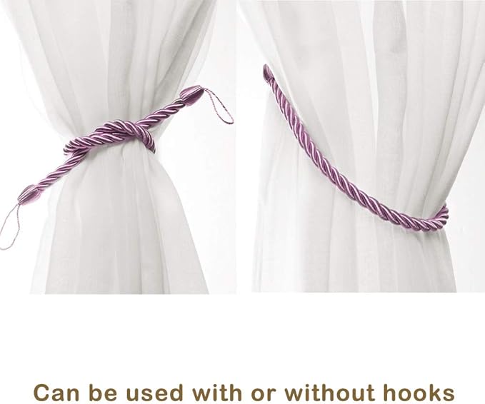 BEL AVENIR Curtain Rope Tiebacks, Drapery Rope Holdbacks with 4 Metal Screw Hooks (Pink, 4pack)