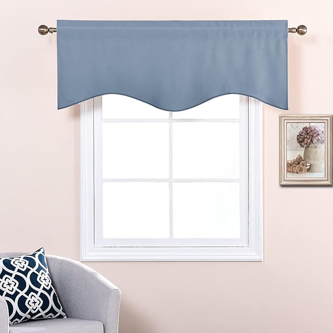 NICETOWN Window Blackout Valances for Kitchen, Elegant Scalloped Curtain Valances Room Darkening Draperies Window Topper for Living Room/Thanksgiving, 52" x 18", Stone Blue, 2 Pieces