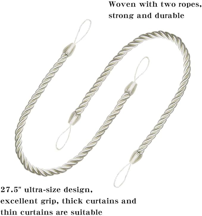 BEL AVENIR Curtain Rope Tiebacks, Drapery Rope Holdbacks with 4 Metal Screw Hooks (Cream, 4pack)