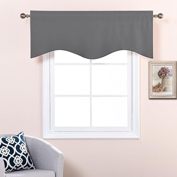 NICETOWN Bedroom Blackout Window Valances - 52 inches by 18 inches Scalloped Rod Pocket Window Treatment Sets Home Decoration Curtains Tier Panel for Kitchen/Living Room/Camper RV (Grey, 2 Panels)