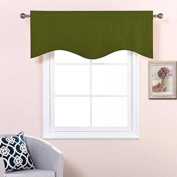 NICETOWN Window Valances for Kitchen - Small Short Decoration Solid 52 inches by 18 inches Rod Pocket Tiers Valances for Kids Bedroom/Bedroom/Living Room/Bar Window/Christmas (Olive Green, Set of 2)