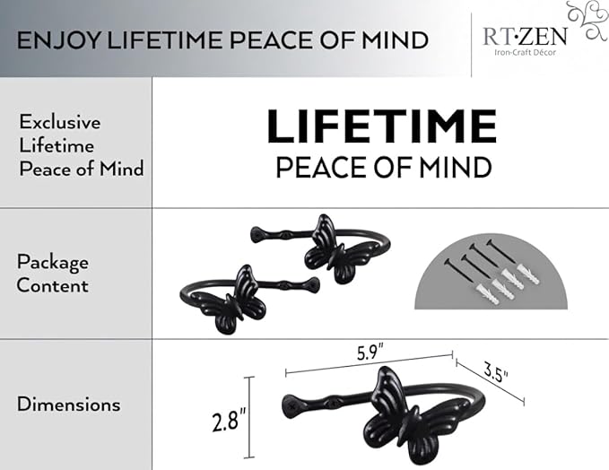 RTZEN Decorative Metal Curtain Tiebacks - Farmhouse Wrought Iron Curtain Holdbacks - Drapery Holders for Wall - Unique Metal Tie Backs for Curtains - 2 Pcs (Black Butterfly)
