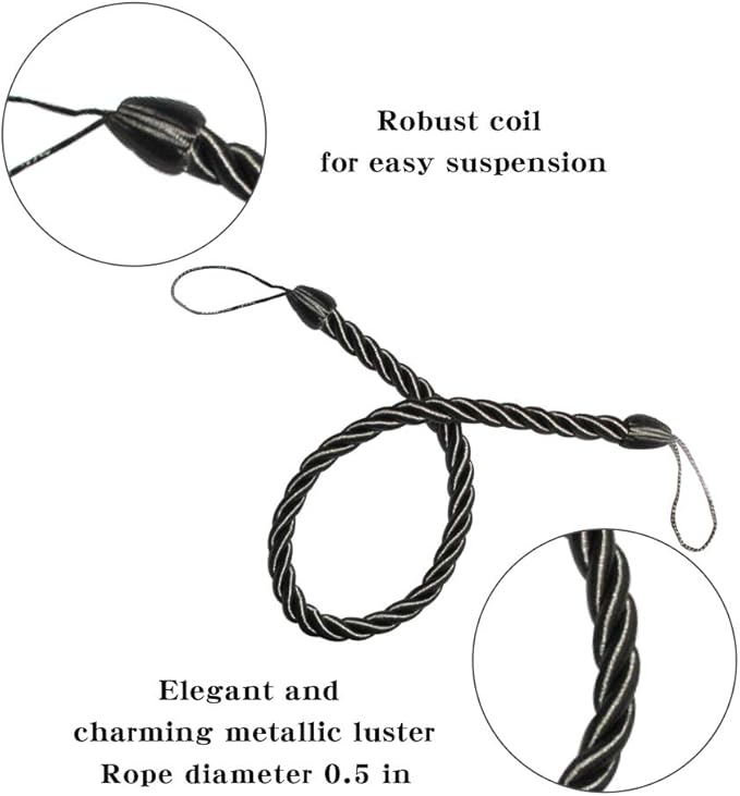 BEL AVENIR Curtain Ropes Tiebacks Tie-Backs, Curtain Handmade Holdbacks with 2 Metal Screw Hooks - Charcoal 2 Pack