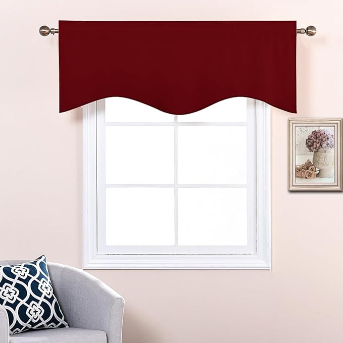 NICETOWN Basement Window Scalloped Red Valances - Elegant 52 inches Wide by 18 inches Long Blackout Curtains for Living Room & Bedroom & Offcie Christmas Decor (Burgundy Red, Pack of 2 Pieces)