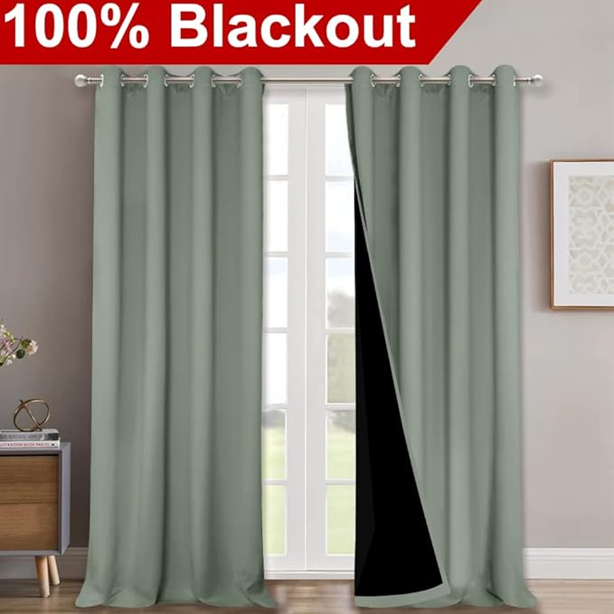 NICETOWN 100% Blackout Window Curtain Panels, Heat and Full Light Blocking Drapes with Black Liner for Nursery, 102" Drop Thermal Insulated Draperies (Greyish Green, 2 Pieces, 52" Wide Each Panel)