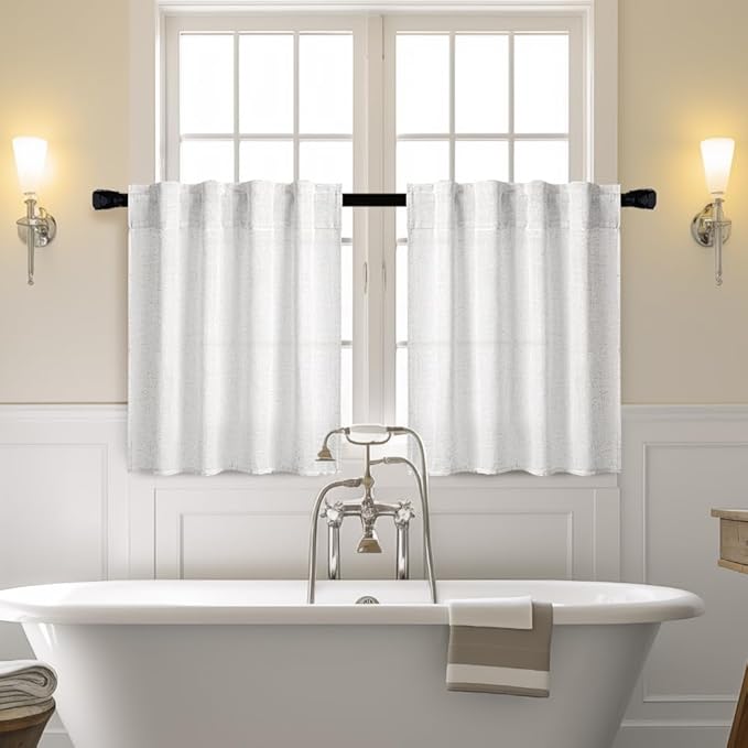 MIULEE White Curtains 24 Inch Length 2 Panels, Soft Thick Linen Textured Semi Sheer Light Filtering Kitchen Window Curtains Over Sink Small Tier Curtains for Bathroom Window Back Tab Rod Pocket